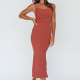 Frieda Cowl Neck Side Split Ribbed Midi Dress Rust