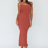 Frieda Cowl Neck Side Split Ribbed Midi Dress Rust