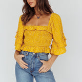 Boardwalk Bell Sleeve Crop Top Spotty Mustard