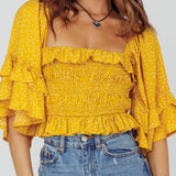 Boardwalk Bell Sleeve Crop Top Spotty Mustard
