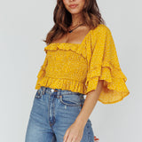Boardwalk Bell Sleeve Crop Top Spotty Mustard