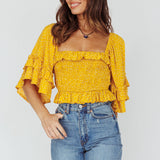 Boardwalk Bell Sleeve Crop Top Spotty Mustard