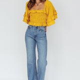 Boardwalk Bell Sleeve Crop Top Spotty Mustard