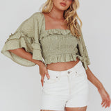 Boardwalk Bell Sleeve Crop Top Spotty Sage