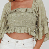 Boardwalk Bell Sleeve Crop Top Spotty Sage