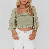 Boardwalk Bell Sleeve Crop Top Spotty Sage