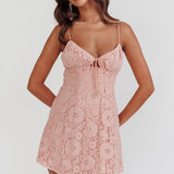 In My Dreams Lace Overlay Tie Bust Dress Pink