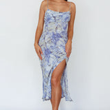 Well Versed Pleated Bust Front Split Dress Marble Print Blue
