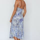 Well Versed Pleated Bust Front Split Dress Marble Print Blue