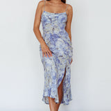 Well Versed Pleated Bust Front Split Dress Marble Print Blue