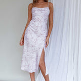 Well Versed Pleated Bust Front Split Dress Flowers Lavender