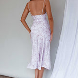 Well Versed Pleated Bust Front Split Dress Flowers Lavender