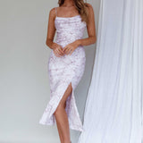 Well Versed Pleated Bust Front Split Dress Flowers Lavender