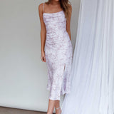 Well Versed Pleated Bust Front Split Dress Flowers Lavender