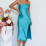 Well Versed Pleated Bust Front Split Dress Aqua