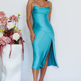 Well Versed Pleated Bust Front Split Dress Aqua