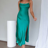 Well Versed Pleated Bust Front Split Dress Green
