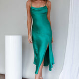 Well Versed Pleated Bust Front Split Dress Green