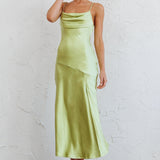 Well Versed Pleated Bust Front Split Dress Satin Lime