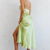 Well Versed Pleated Bust Front Split Dress Satin Lime