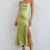 Well Versed Pleated Bust Front Split Dress Satin Lime