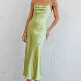 Well Versed Pleated Bust Front Split Dress Satin Lime