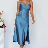 Well Versed Pleated Bust Front Split Dress Satin Midnight Blue