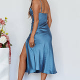 Well Versed Pleated Bust Front Split Dress Satin Midnight Blue