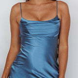 Well Versed Pleated Bust Front Split Dress Satin Midnight Blue