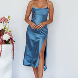 Well Versed Pleated Bust Front Split Dress Satin Midnight Blue
