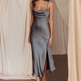 Well Versed Pleated Bust Front Split Dress Charcoal