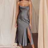Well Versed Pleated Bust Front Split Dress Charcoal
