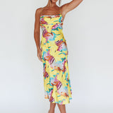 Well Versed Pleated Bust Front Split Dress Leaf Print Yellow