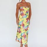 Well Versed Pleated Bust Front Split Dress Leaf Print Yellow