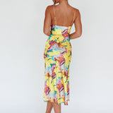 Well Versed Pleated Bust Front Split Dress Leaf Print Yellow