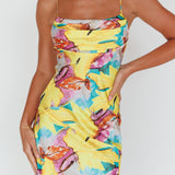 Well Versed Pleated Bust Front Split Dress Leaf Print Yellow