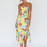 Well Versed Pleated Bust Front Split Dress Leaf Print Yellow