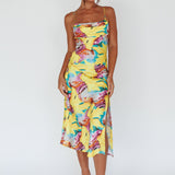 Well Versed Pleated Bust Front Split Dress Leaf Print Yellow