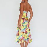 Well Versed Pleated Bust Front Split Dress Leaf Print Yellow