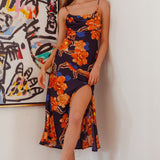 Well Versed Pleated Bust Front Split Dress Flower Orange