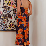 Well Versed Pleated Bust Front Split Dress Flower Orange