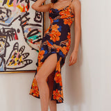 Well Versed Pleated Bust Front Split Dress Flower Orange