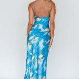 Well Versed Pleated Bust Front Split Dress Flora Blue