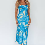 Well Versed Pleated Bust Front Split Dress Flora Blue