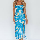 Well Versed Pleated Bust Front Split Dress Flora Blue