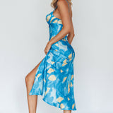 Well Versed Pleated Bust Front Split Dress Flora Blue
