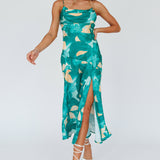 Well Versed Pleated Bust Front Split Dress Flora Green