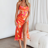 Well Versed Pleated Bust Front Split Dress Flora Orange