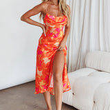 Well Versed Pleated Bust Front Split Dress Flora Orange