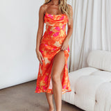 Well Versed Pleated Bust Front Split Dress Flora Orange